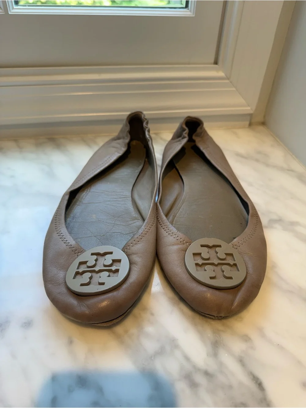 Tory Burch Brown Logo Leather Ballet Flats